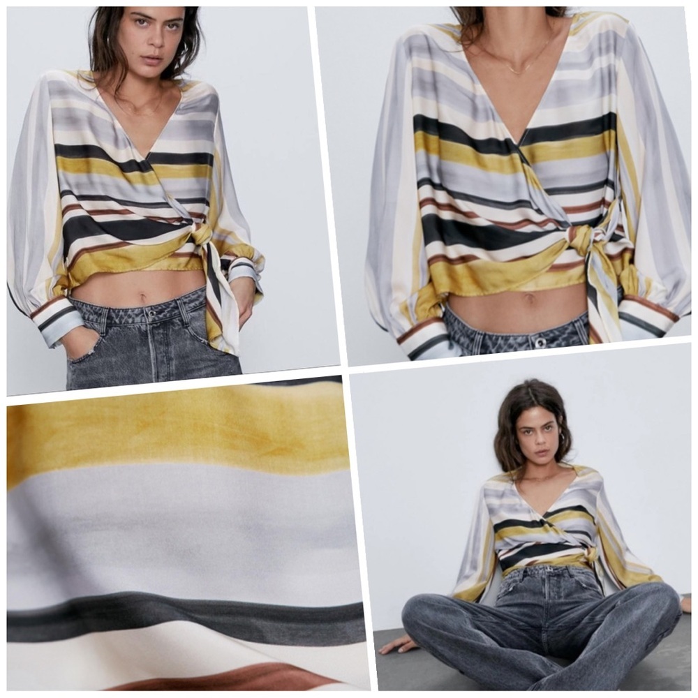 ZARA Sateen Wrap Blouse Long Sleeves V-Neck Size S